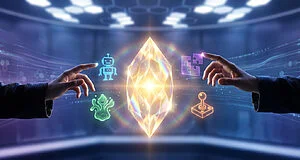 Main touchant un cristal numérique lumineux