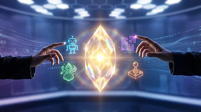 Main touchant un cristal numérique lumineux