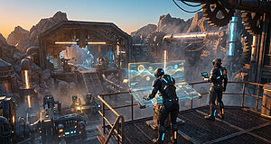 Two figures in futuristic suits with glowing accents operate a holographic console in a rugged, mountainous industrial complex at sunset, processing data.