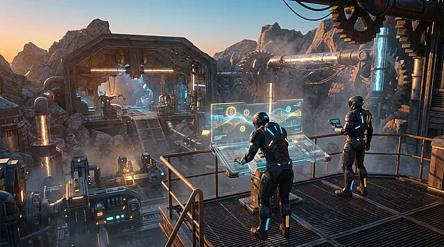 Digital Frontier Extraction Two figures in futuristic suits with glowing accents operate a holographic console in a rugged, mountainous industrial complex at sunset, processing data.