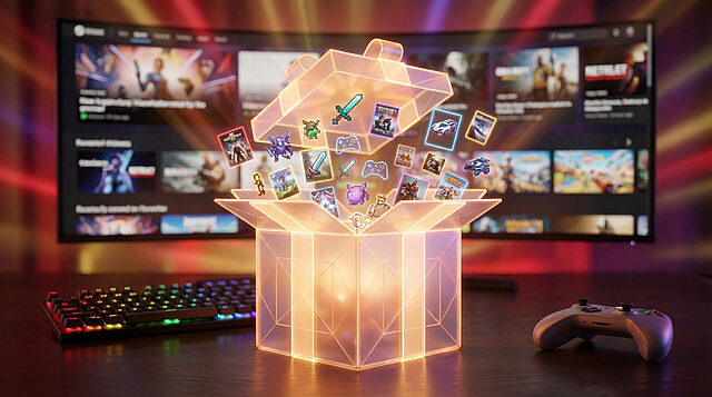 digital game gift box endless gaming adventures Boîte magique avec icônes de jeux vidéo colorées.