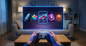 Hands hold a generic game controller, illuminated by a glowing digital screen displaying five abstract game icons and a countdown timer in a modern room.