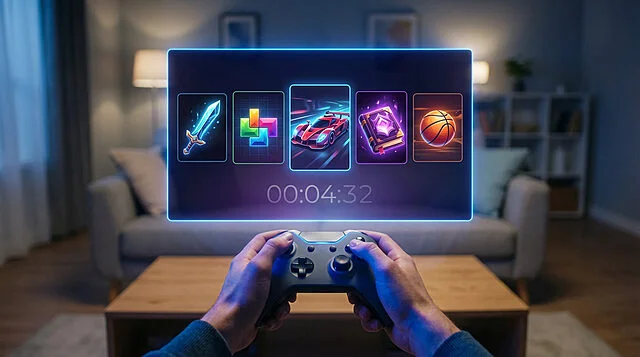 Hands hold a generic game controller, illuminated by a glowing digital screen displaying five abstract game icons and a countdown timer in a modern room.