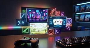 Vibrant digital display of diverse video game screens (pixel art, cartoon, poker) and glowing icons, with a game controller and keyboard.