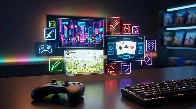 Digital Game Worlds: A Vibrant Showcase Vibrant digital display of diverse video game screens (pixel art, cartoon, poker) and glowing icons, with a game controller and keyboard.
