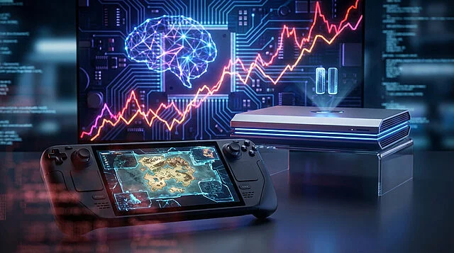 digital gaming ecosystem interplay and rising costs Console et écran futuristes avec graphique cérébral