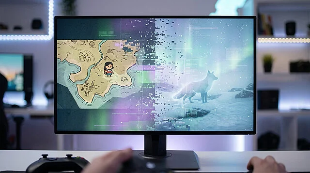 Gaming monitor displaying a split screen of Carto and Spirit of the North scenes, both glitching into static. Hands hold a controller.