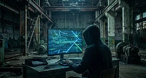 A person in a hoodie from behind, typing on a glowing keyboard at a desk in a dark, abandoned industrial building. A large monitor displays glowing blue-green digital patterns.