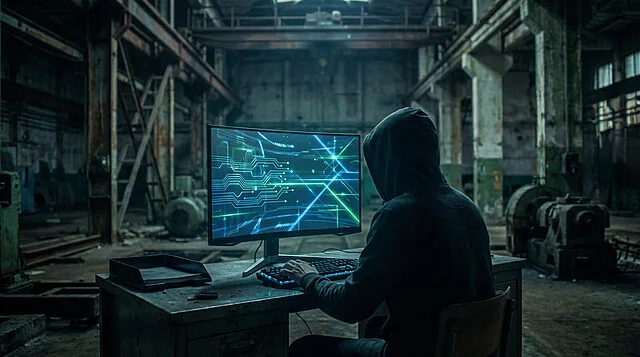 Digital Intrigue in Abandoned Industrial Zone A person in a hoodie from behind, typing on a glowing keyboard at a desk in a dark, abandoned industrial building. A large monitor displays glowing blue-green digital patterns.