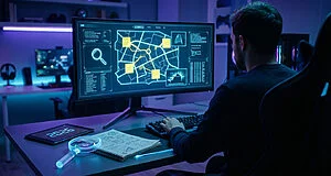 Person from behind at a modern gaming desk, viewing a monitor with an investigative game map and clues. Desk holds a glowing magnifying glass, notebook, and a tablet displaying '2026'. Bathed in blue and purple light.