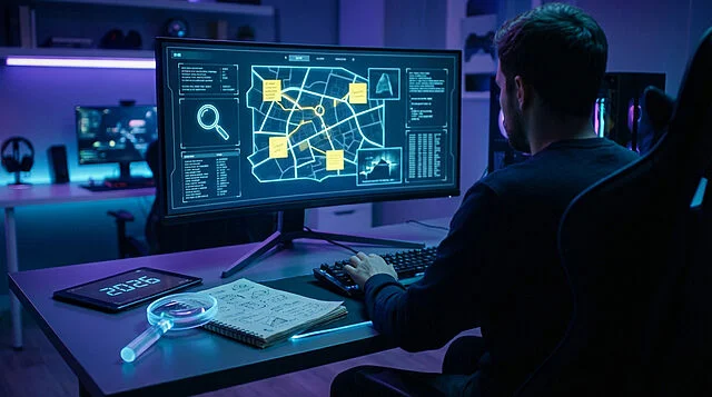 Digital Investigation: Gaming Setup Person from behind at a modern gaming desk, viewing a monitor with an investigative game map and clues. Desk holds a glowing magnifying glass, notebook, and a tablet displaying '2026'. Bathed in blue and purple light.