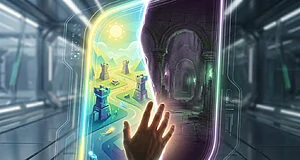 Hand reaching into a glowing portal, revealing vibrant tower defense and dark stealth game worlds in a futuristic setting.