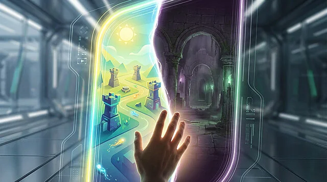 Digital Portal: Tower Defense vs. Stealth Adventure Hand reaching into a glowing portal, revealing vibrant tower defense and dark stealth game worlds in a futuristic setting.