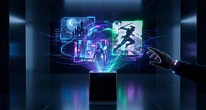 A hand reaches towards a glowing holographic projection of diverse video game elements (gothic castle, neon city, action hero) in a dark futuristic room.