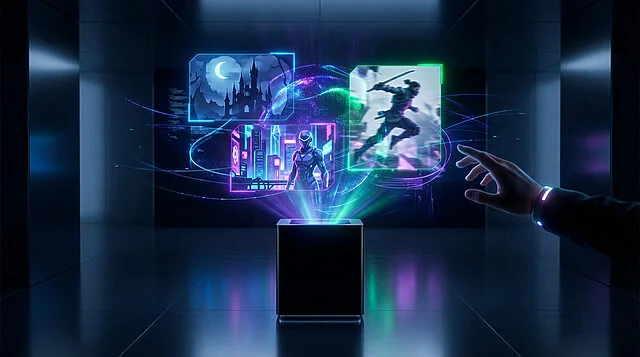 Digital Revelation: Holographic Gaming Worlds A hand reaches towards a glowing holographic projection of diverse video game elements (gothic castle, neon city, action hero) in a dark futuristic room.