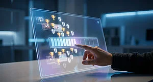Main interagissant avec écran holographique, trophées visibles.