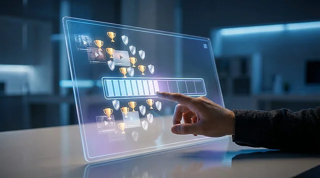 digital storage optimization Main interagissant avec écran holographique, trophées visibles.