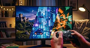Hands hold a game controller, illuminated by a monitor displaying a collage of game environments: a medieval castle, a futuristic city, and an abstract action scene. Cozy, dim room.