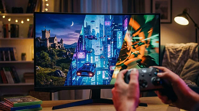 Discovering New Worlds: A Gamer's Evening Hands hold a game controller, illuminated by a monitor displaying a collage of game environments: a medieval castle, a futuristic city, and an abstract action scene. Cozy, dim room.