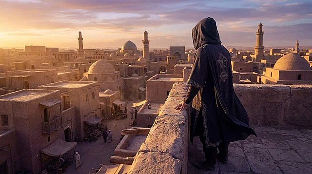 discovery at dawn ancient city rooftop view Personne observant une ville antique au coucher du soleil.