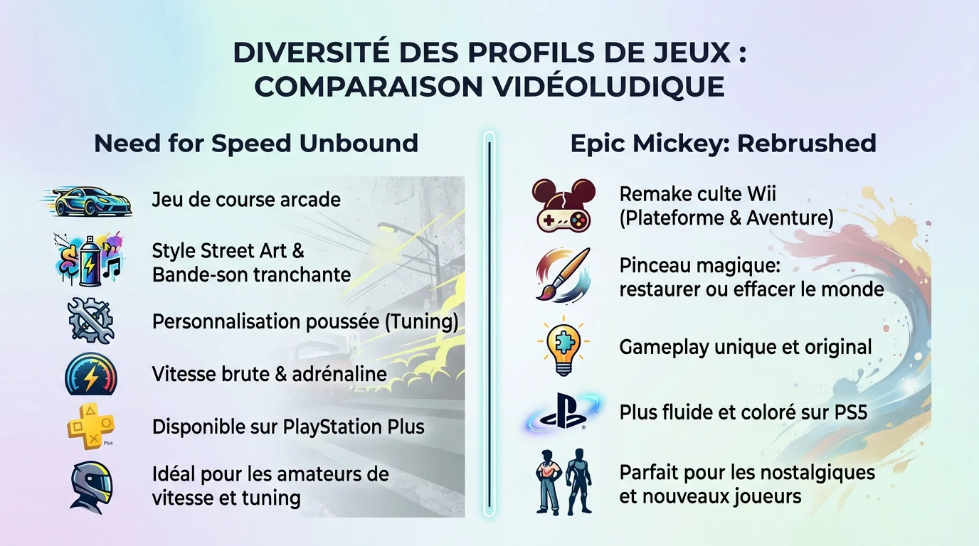 Comparaison des profils de jeux vidéo offerts en janvier : course urbaine, aventure Disney et survie pixel art