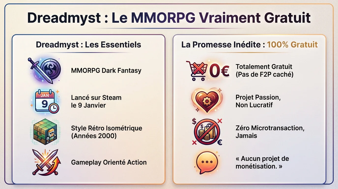 Interface et gameplay du MMORPG gratuit Dreadmyst inspiré des classiques isométriques