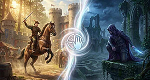 A split image showing a medieval knight on horseback in a sunny castle town on the left, and a hooded rogue in moonlit ruins on the right, connected by a glowing magical icon.