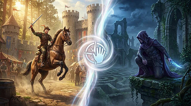 Dual Fantasy Worlds: Hero's Adventure & Stealthy Quest A split image showing a medieval knight on horseback in a sunny castle town on the left, and a hooded rogue in moonlit ruins on the right, connected by a glowing magical icon.
