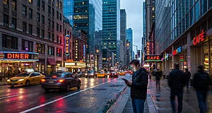 A man stands on a wet city street at dusk, engrossed in a tablet, with neon-lit buildings and blurred cars in the background.