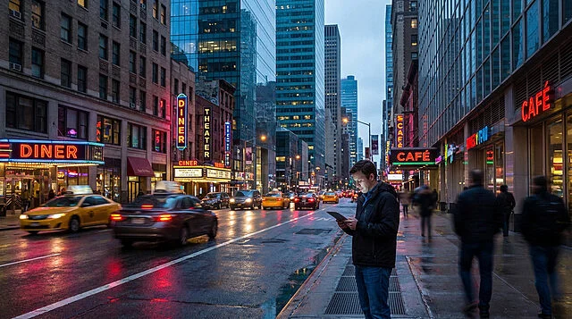 A man stands on a wet city street at dusk, engrossed in a tablet, with neon-lit buildings and blurred cars in the background.