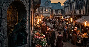 Cloaked figure watches a bustling medieval market at dusk, lit by torches and lanterns, from a dark stone alleyway.