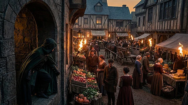 Dusk in the Medieval Town Square Cloaked figure watches a bustling medieval market at dusk, lit by torches and lanterns, from a dark stone alleyway.