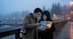 Two young adults on a misty pier at dusk, one with teal hair, intently viewing a glowing transparent digital tablet. A vintage camera hangs from one's neck.