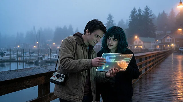 Dusk Revelation on the Pier Two young adults on a misty pier at dusk, one with teal hair, intently viewing a glowing transparent digital tablet. A vintage camera hangs from one's neck.