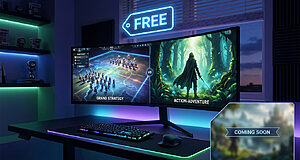A sleek PC gaming desk setup with a curved monitor showing a strategy game, an adventure game, 'FREE' offer, and 'COMING SOON' overlay. RGB lighting illuminates the desk.