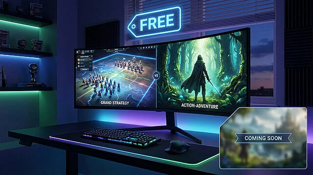 Dynamic Gaming Monitor: Free Games & Coming Soon A sleek PC gaming desk setup with a curved monitor showing a strategy game, an adventure game, 'FREE' offer, and 'COMING SOON' overlay. RGB lighting illuminates the desk.