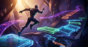 A figure in a futuristic suit leaps across glowing blue, green, orange, and purple platforms in a vibrant 3D platformer world with abstract architecture.