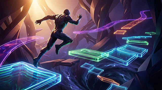 Dynamic Leap: Glowing Platforms in a 3D World A figure in a futuristic suit leaps across glowing blue, green, orange, and purple platforms in a vibrant 3D platformer world with abstract architecture.