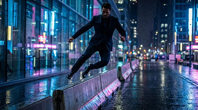 dynamic leap in neon city rain