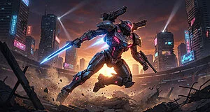 A powerful mecha with glowing crimson and blue accents leaps through a destroyed urban arena at dusk, wielding an energy blade.