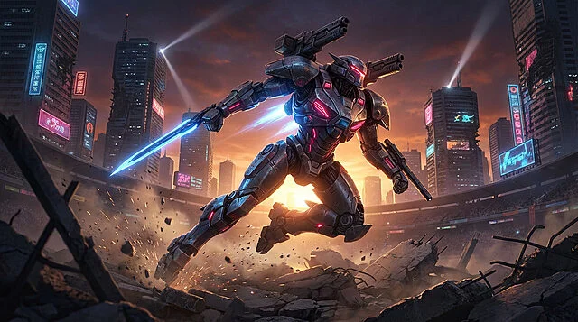 Dynamic Mecha Leap: Urban Combat Arena A powerful mecha with glowing crimson and blue accents leaps through a destroyed urban arena at dusk, wielding an energy blade.