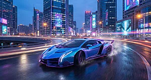 A futuristic blue and purple sports car speeding on a wet city road at night, surrounded by neon skyscrapers and dynamic light trails.