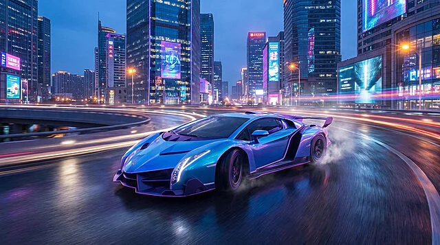 Electric Blue Supercar in Dynamic Neon City Night A futuristic blue and purple sports car speeding on a wet city road at night, surrounded by neon skyscrapers and dynamic light trails.