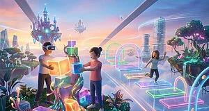 Vibrant digital art of a virtual world. Avatars build glowing blocks, one in VR. Another plays a neon obstacle course. Floating castles & cities in background.
