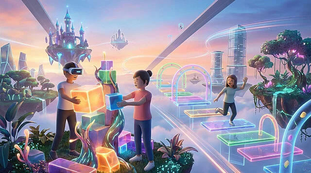 Endless Creativity in the Metaverse Vibrant digital art of a virtual world. Avatars build glowing blocks, one in VR. Another plays a neon obstacle course. Floating castles & cities in background.