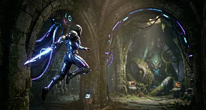 Guerrier en armure futuriste sautant dans une grotte mystique.