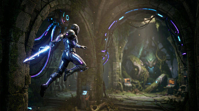 energy sword leap in sci fi ruins Guerrier en armure futuriste sautant dans une grotte mystique.
