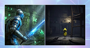 Split image: A knight with glowing sword in a fantasy dungeon, contrasted with a small figure in a yellow raincoat in an eerie, oversized kitchen.