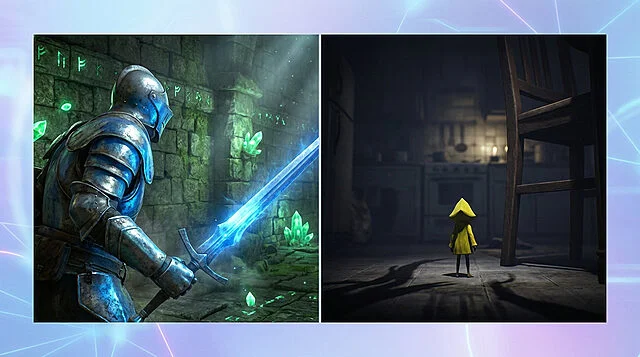 Epic Fantasy & Eerie Horror: New Video Game Worlds Split image: A knight with glowing sword in a fantasy dungeon, contrasted with a small figure in a yellow raincoat in an eerie, oversized kitchen.