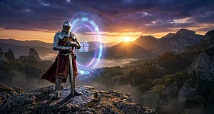 Chevalier en armure au lever du soleil.